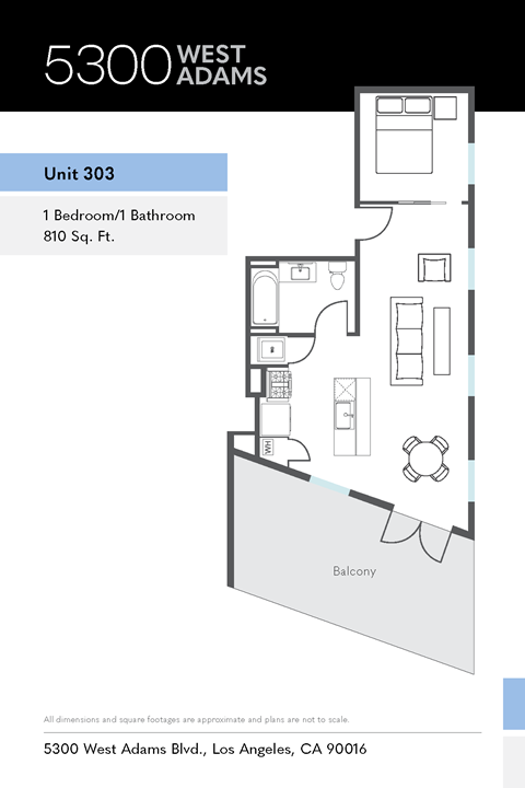 Floor plan for 1 bed, 1 bath, 810 sqft